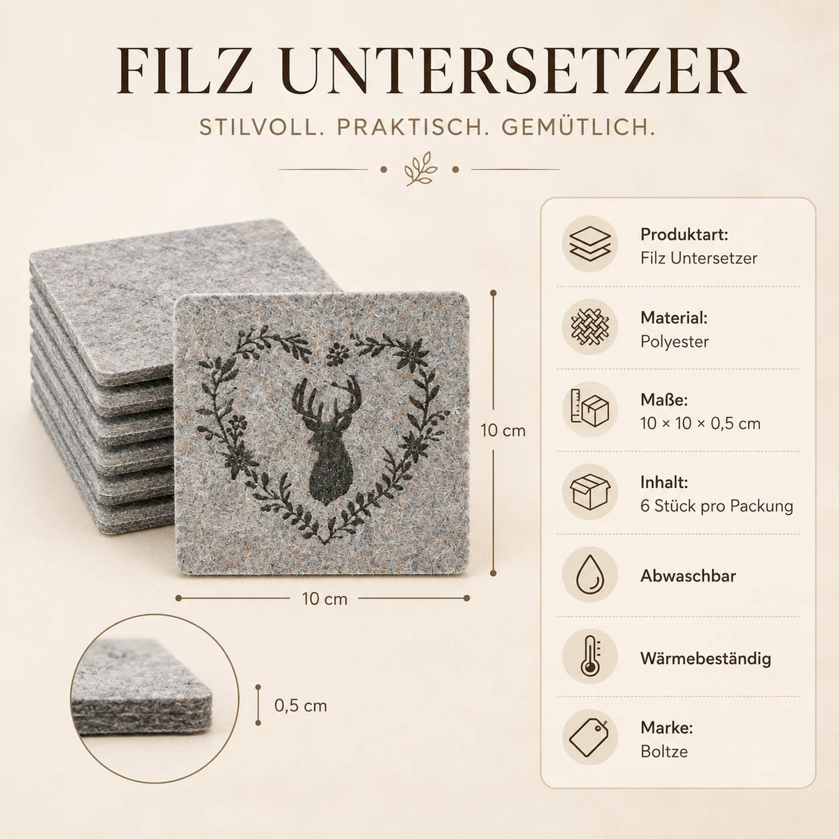 Filz Untersetzer Hirschkopf im Herz, grau-beige – 10 × 10 × 0,5 cm, 6 Stück, Polyester, abwaschbar und wärmebeständig