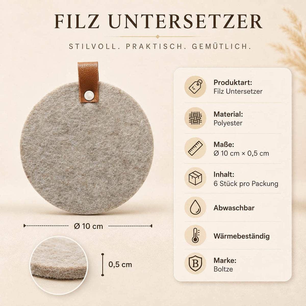 Filz Untersetzer „Modena“ in Hellbeige – Ø 10 cm × 0,5 cm, 6 Stück, mit Lederlasche, abwaschbar