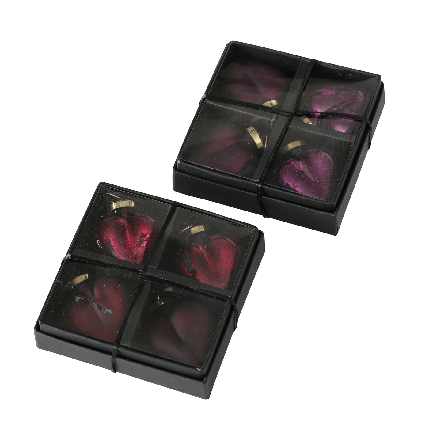 4er Set Herz-Dekoanhänger aus lackiertem Glas mit Crackle-Muster. In Rot oder Dunkellila, matt & glänzend, mit goldener Aufhängung – von Boltze