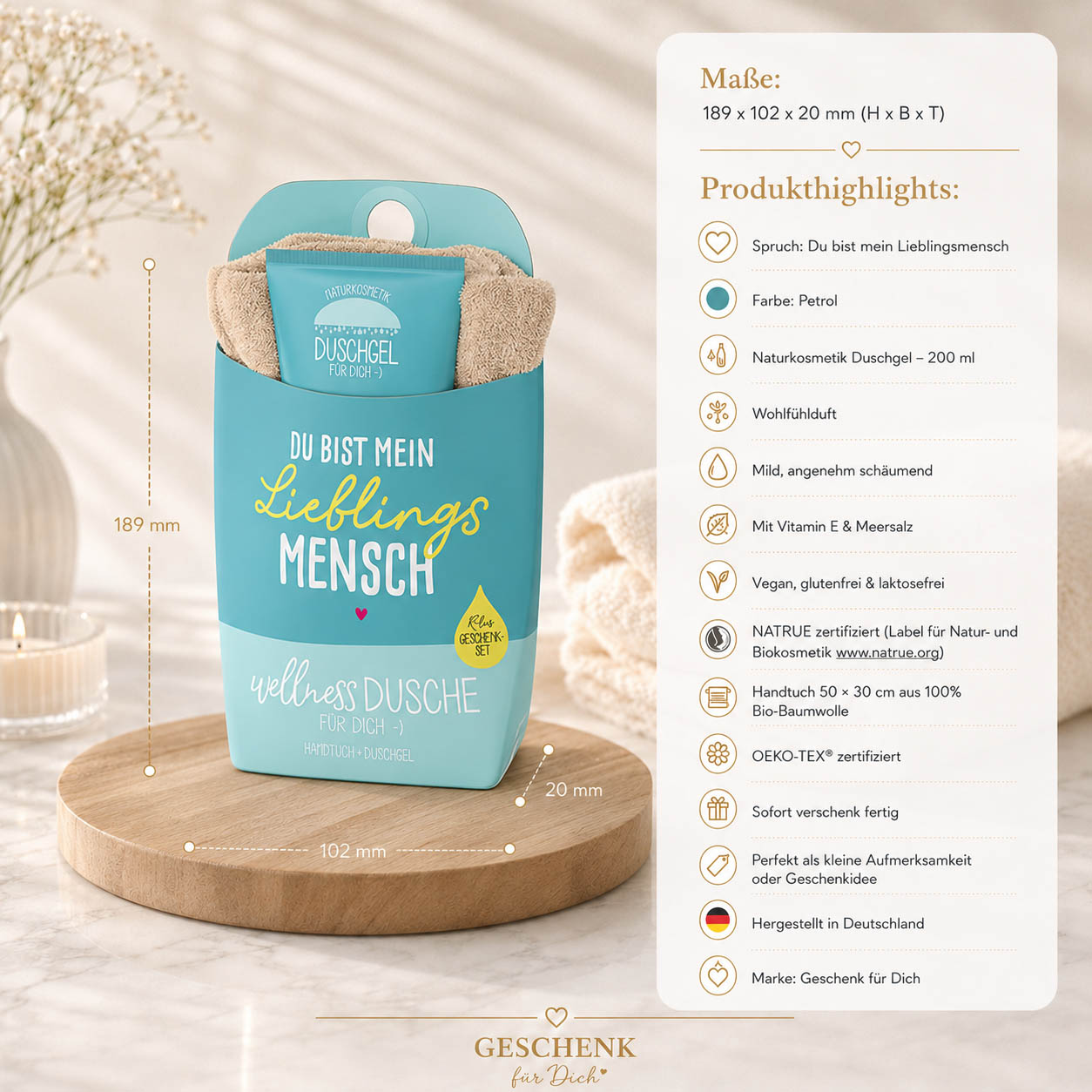 Wellnessdusche „Du bist mein Lieblingsmensch“ Petrol – Geschenk für Dich (Highlight)
