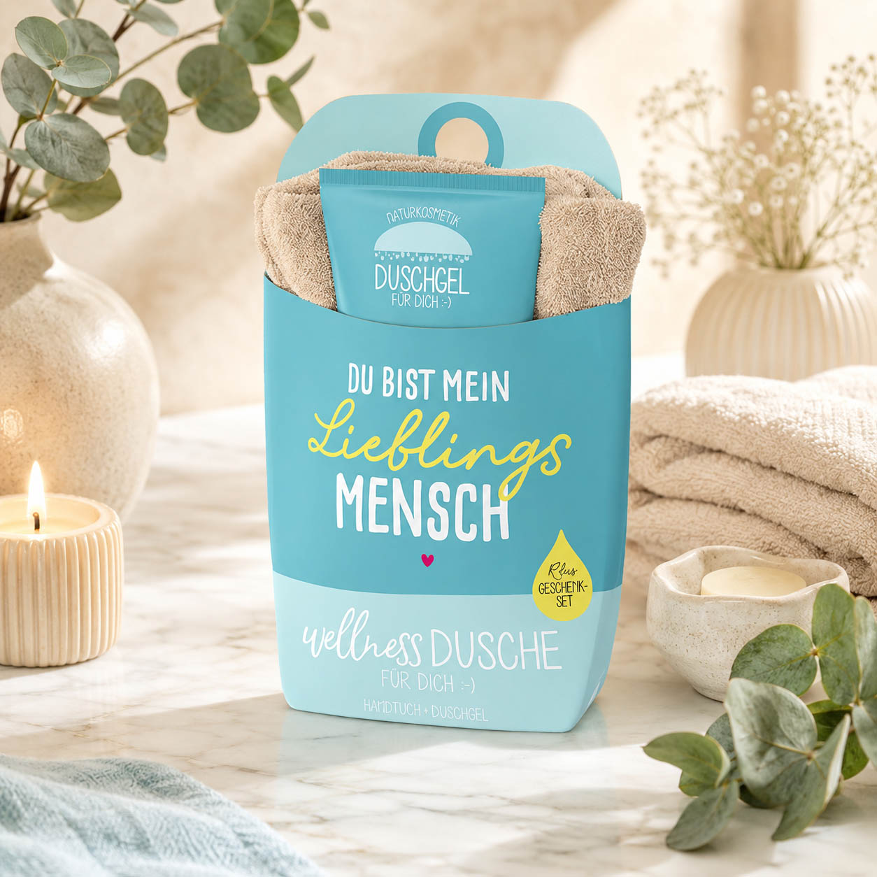 Wellnessdusche „Du bist mein Lieblingsmensch“ Petrol – Geschenk für Dich (Moodbild)