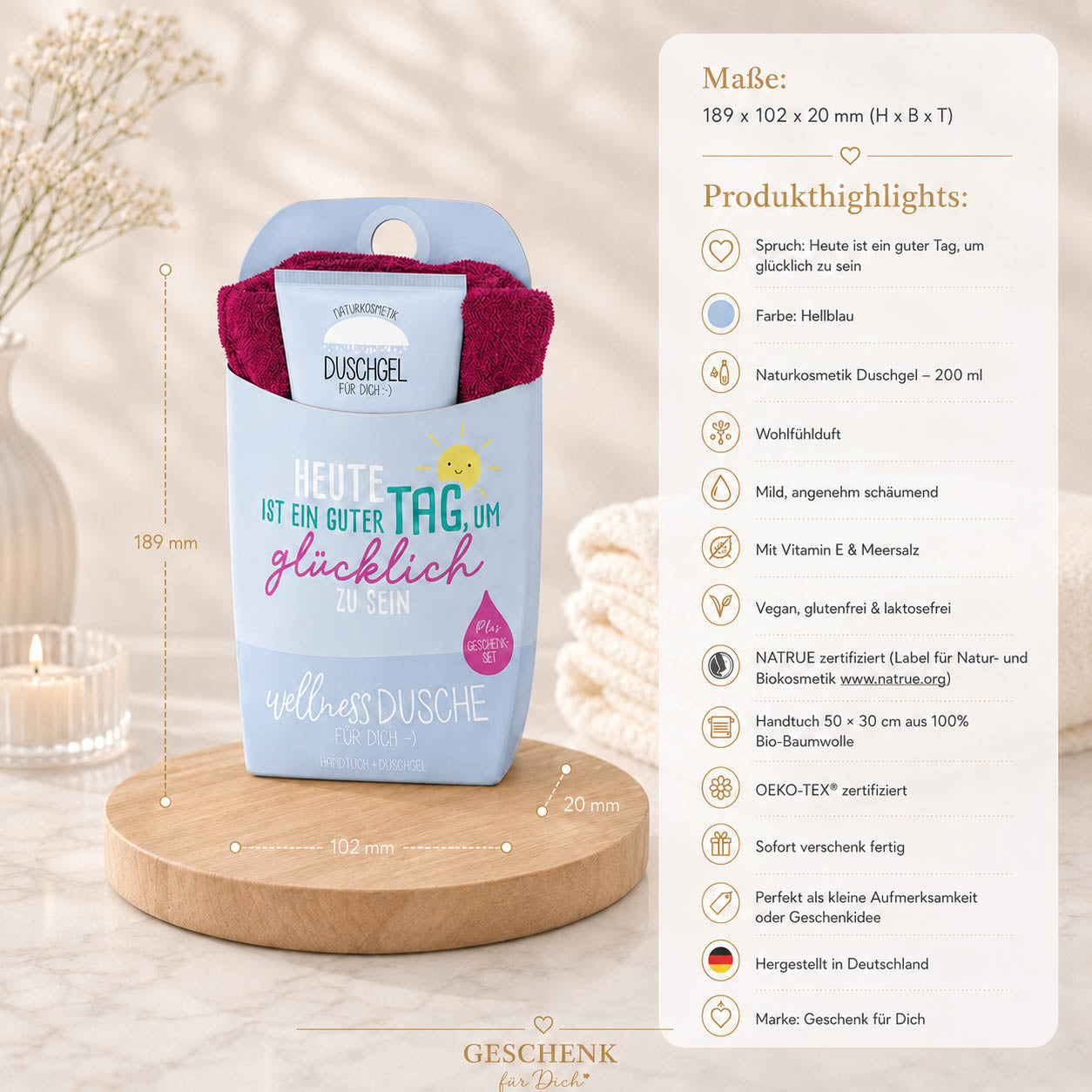 Wellnessdusche „Heute ist ein guter Tag, um glücklich zu sein“ Hellblau – Geschenk für Dich (Highlight)
