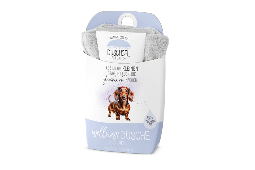 Wellnessdusche „Es sind die kleinen Dinge im Leben, die glücklich machen“ von Geschenk für Dich mit niedlichen Dackel-Motiv