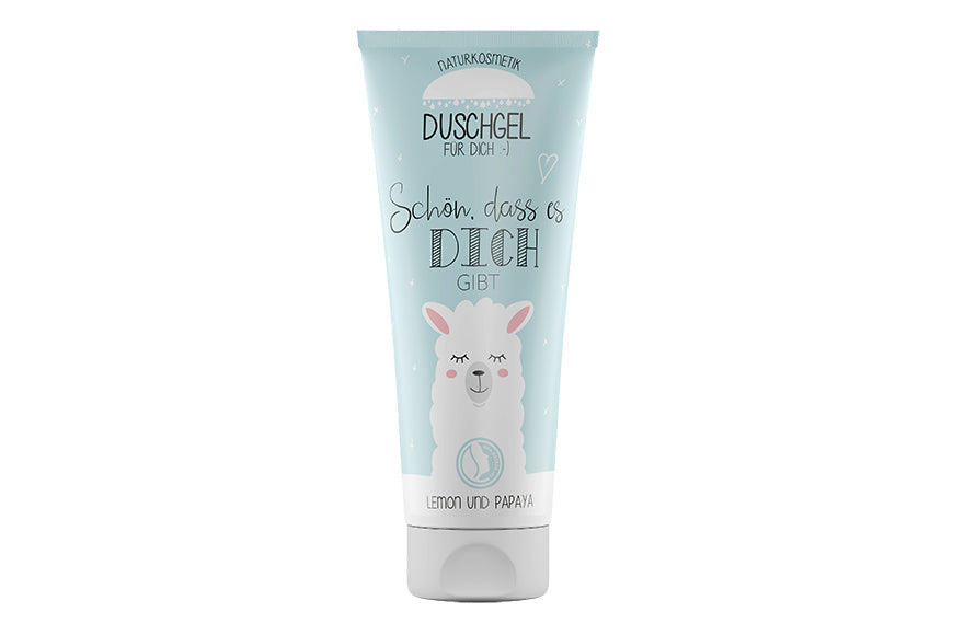 Naturkosmetik Duschgel mit Lama-Motiv & Spruch „Schön, dass es Dich gibt“ von Geschenk für Dich