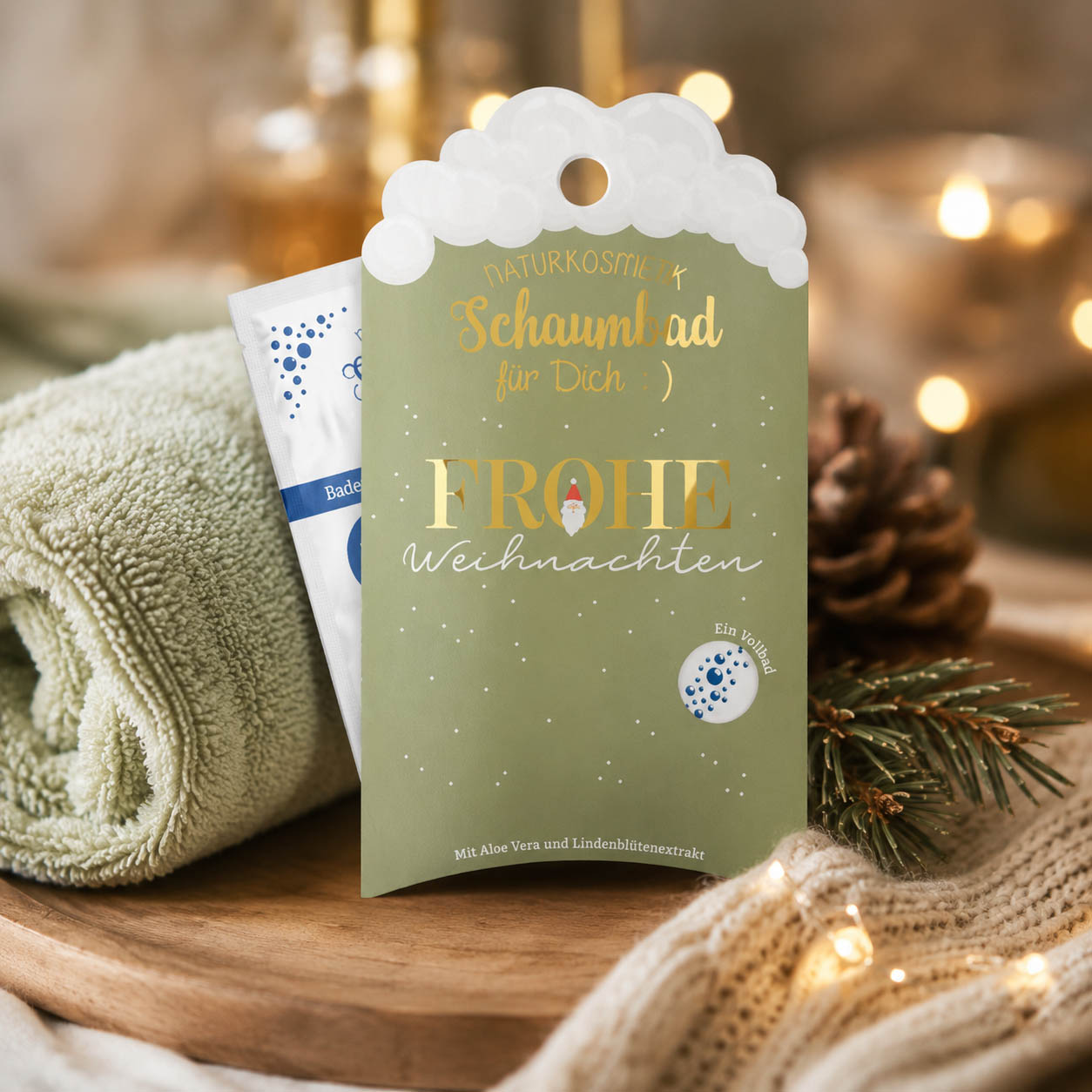 Schaumbad „Frohe Weihnachten“ – Stimmungsbild im weihnachtlichen Ambiente