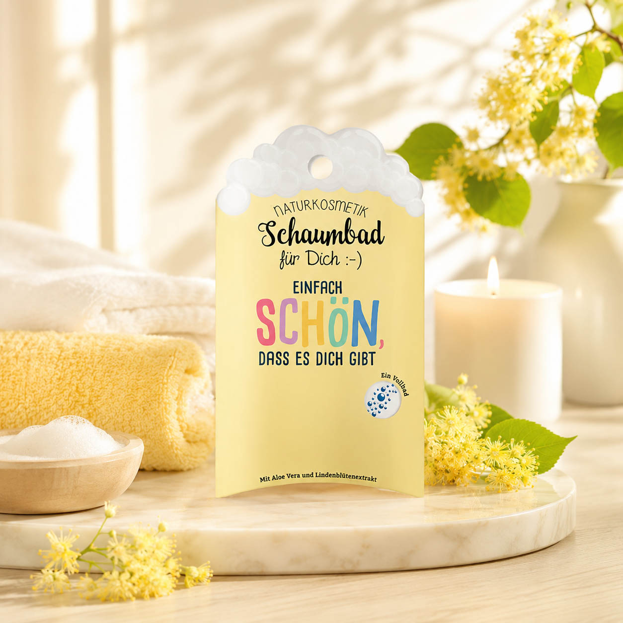 Naturkosmetik Schaumbad „Einfach schön, dass es dich gibt“ Gelb – Geschenk für Dich (Moodbild)