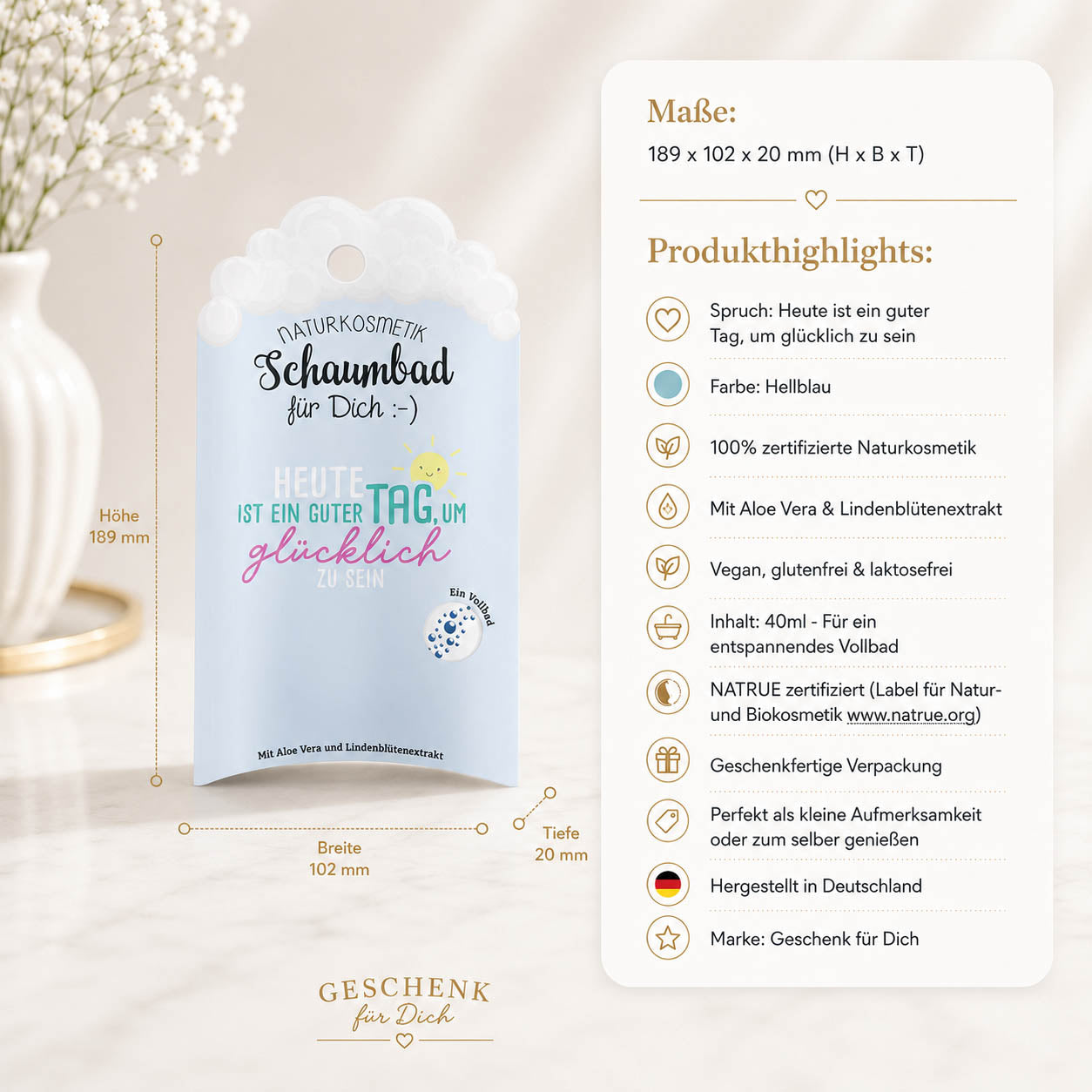 Naturkosmetik Schaumbad „Heute ist ein guter Tag, um glücklich zu sein“ Hellblau – Geschenk für Dich (Highlight)