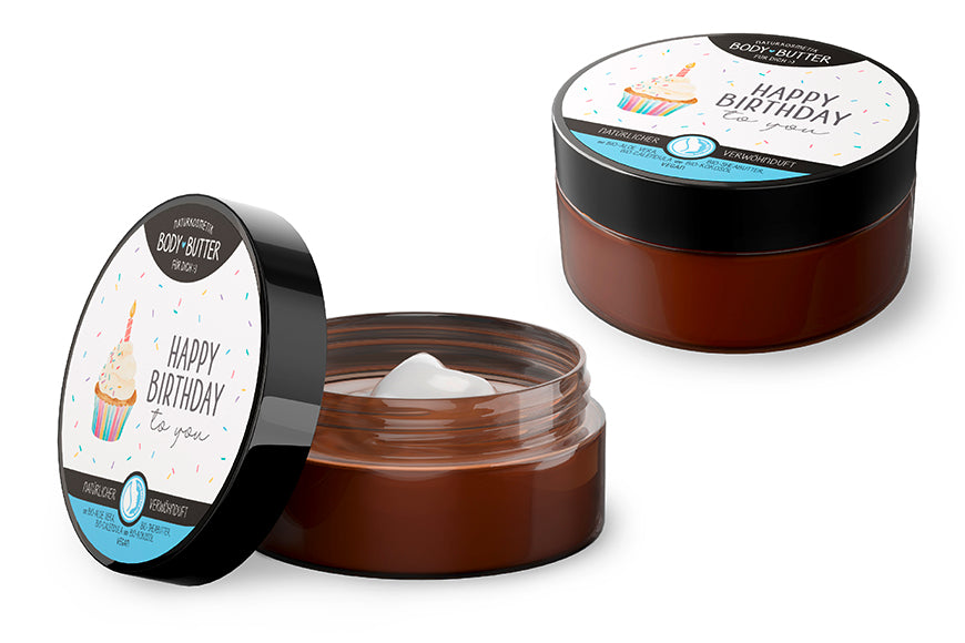 Bodybutter mit Aufschrift „Happy Birthday to you“ mit Törtchenmotiv. Naturkosmetik mit Bio-Aloe Vera, Sheabutter & Kokosöl.