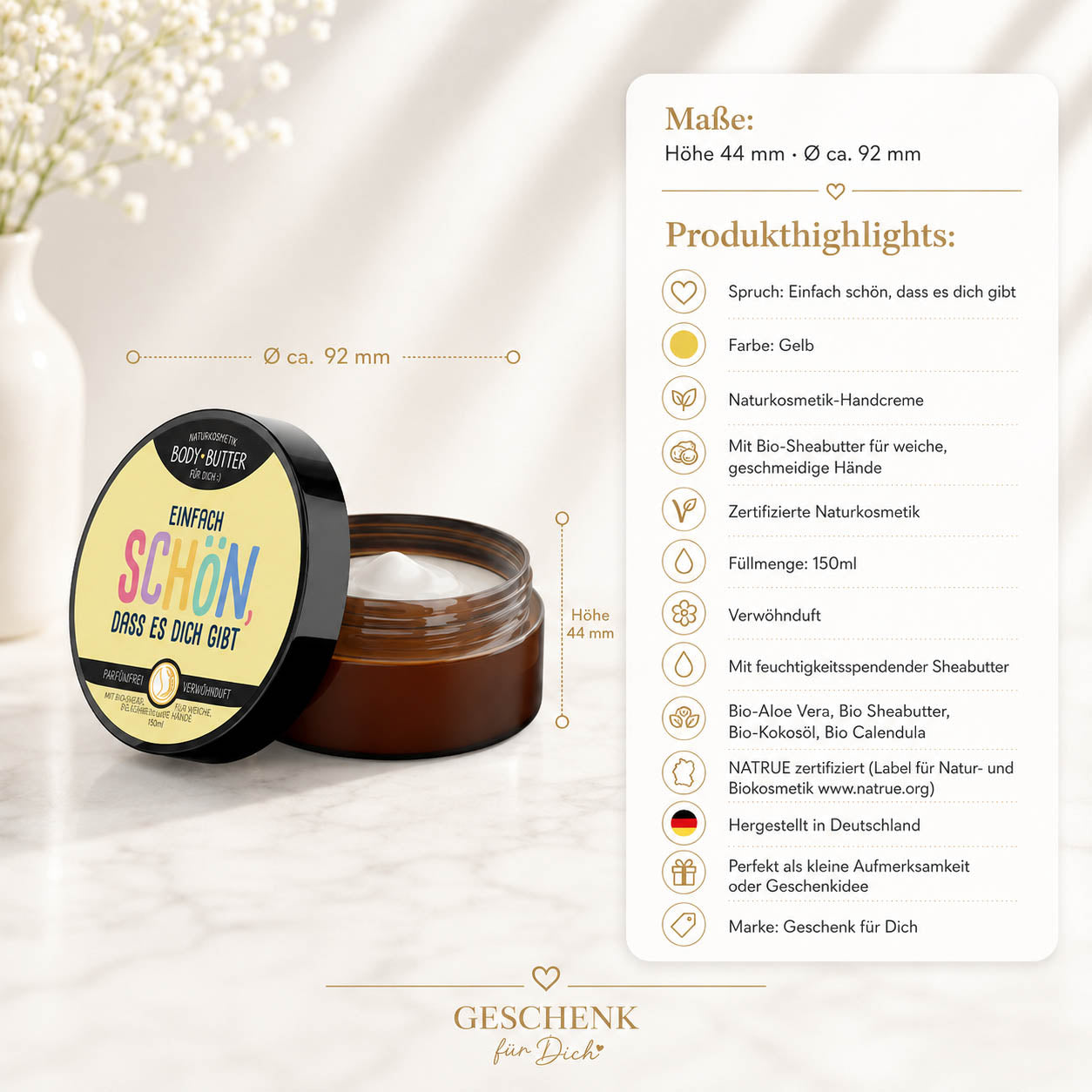 Naturkosmetik Bodybutter „Einfach schön, dass es dich gibt“ Gelb – Geschenk für Dich (Highlight)