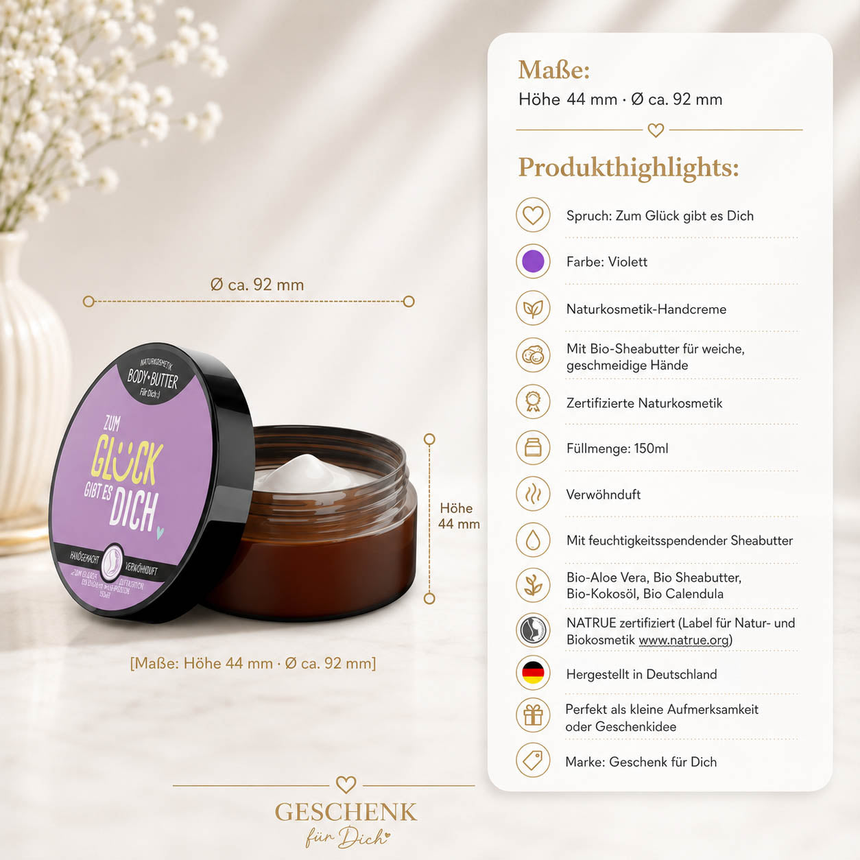 Naturkosmetik Bodybutter „Zum Glück gibt es Dich“ Violett – Geschenk für Dich (Highlight)