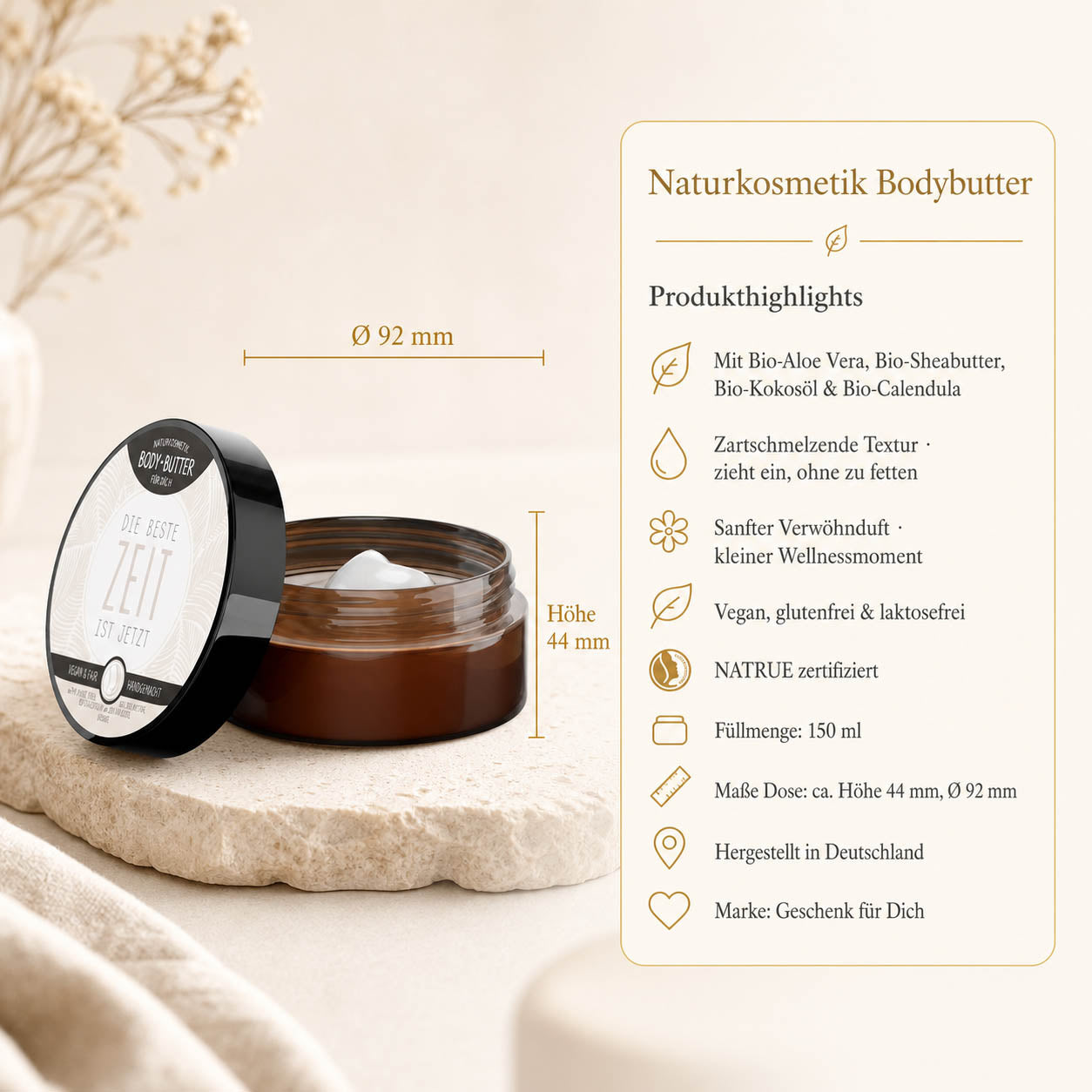 Infografik Bodybutter „Die beste Zeit ist jetzt": 150 ml, NATRUE-Naturkosmetik, vegan, Bio-Sheabutter