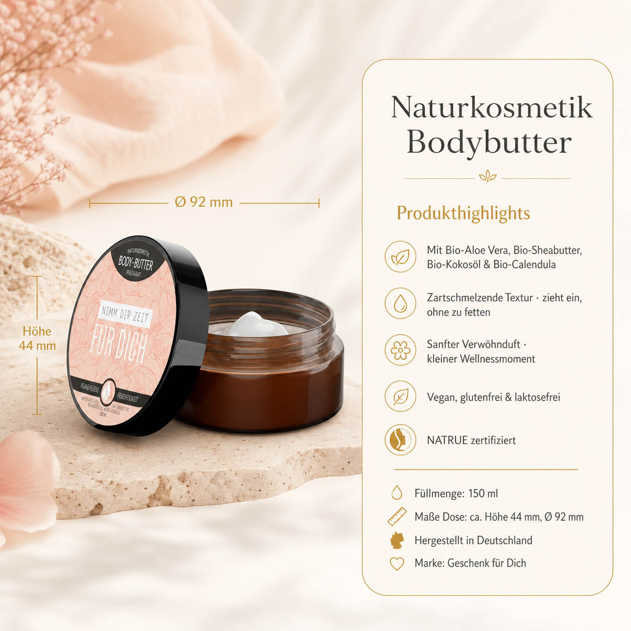Infografik Bodybutter „Nimm Dir Zeit für Dich": 150 ml, NATRUE-Naturkosmetik, vegan, Bio-Sheabutter
