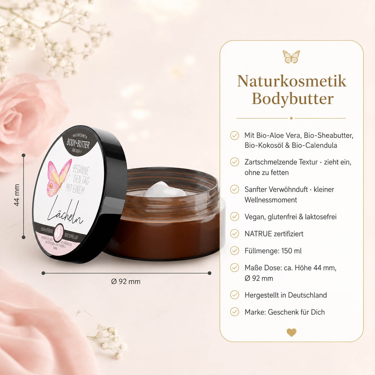 Infografik Bodybutter „Beginne den Tag mit einem Lächeln“: 150 ml, NATRUE-Naturkosmetik, vegan, Bio-Sheabutter