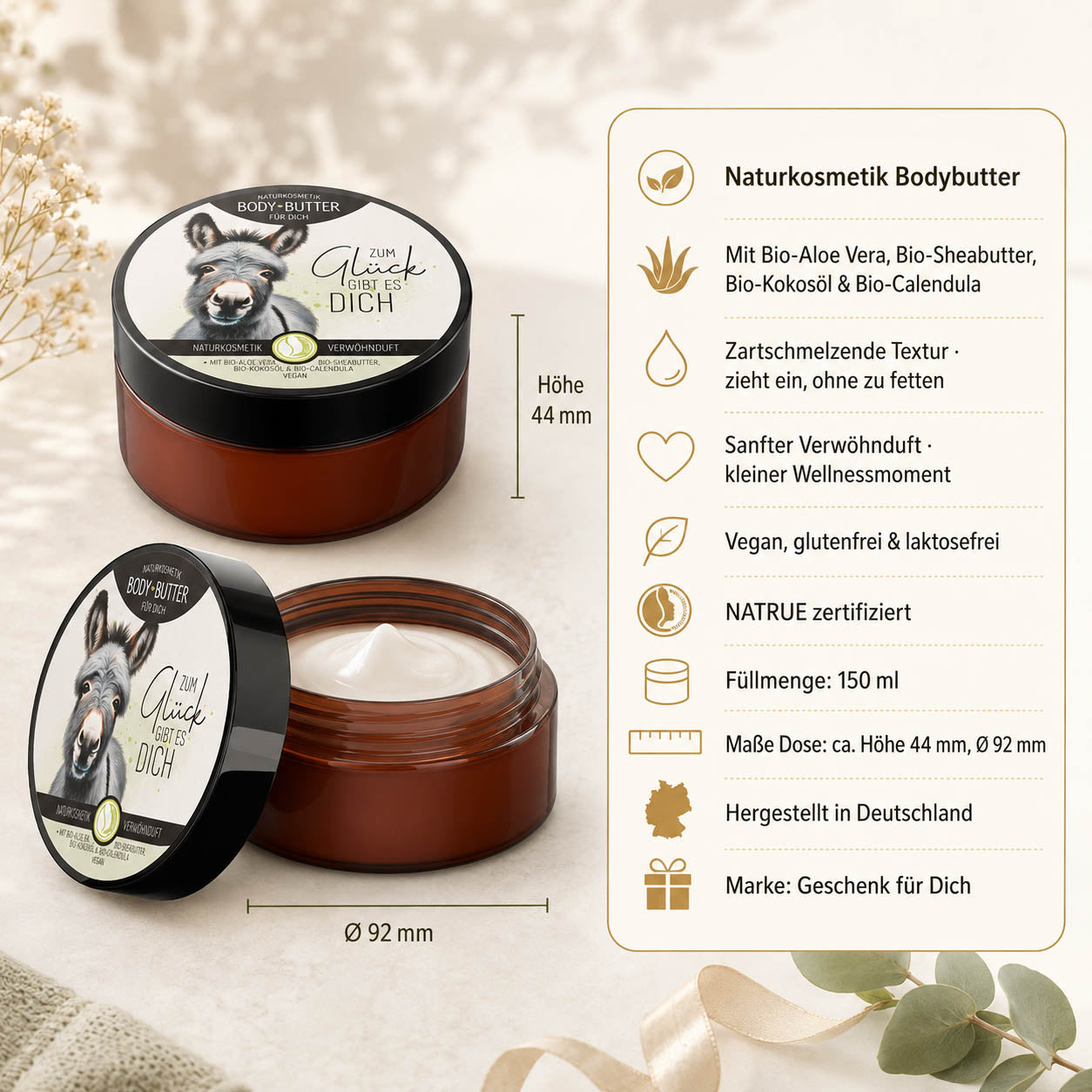 Infografik Bodybutter „Zum Glück gibt es Dich“: 150 ml, NATRUE-Naturkosmetik, vegan, Bio-Sheabutter