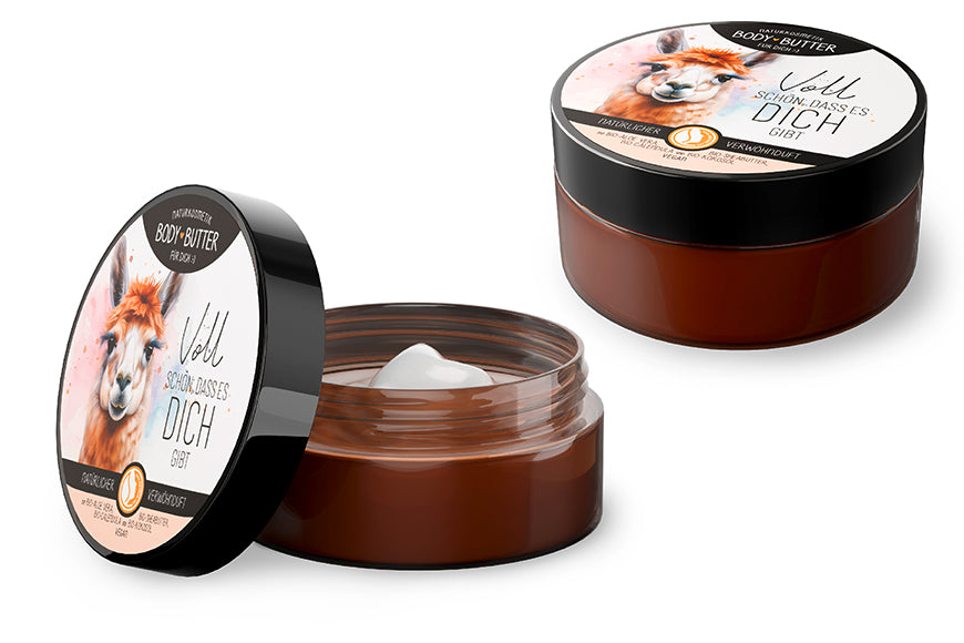 Naturkosmetik Bodybutter mit Spruch "Voll schön, dass es Dich gibt“ & Alpaka Motiv von Geschenk für Dich