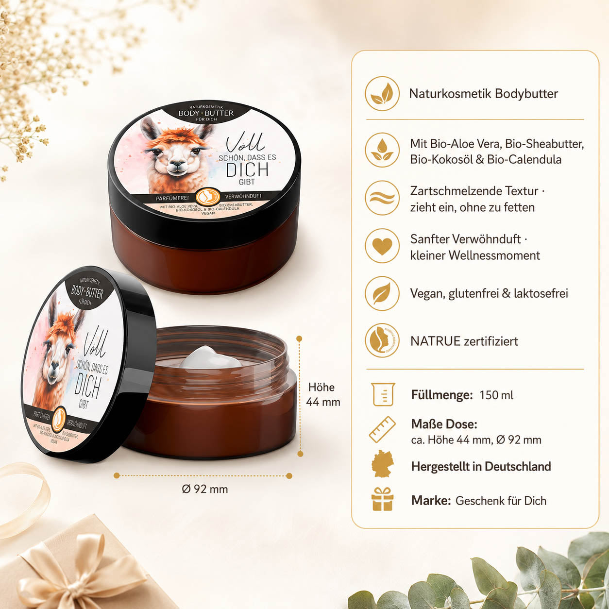 Infografik Bodybutter „Voll schön, dass es Dich gibt“: 150 ml, NATRUE-Naturkosmetik, vegan, Bio-Sheabutter