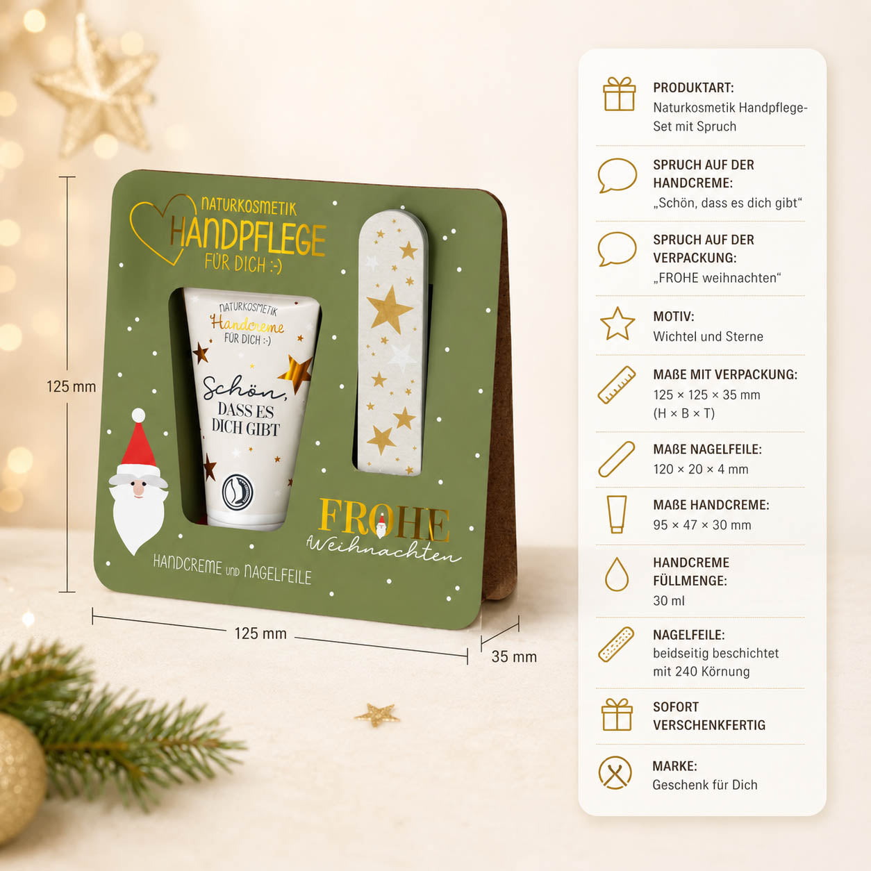 Handpflege-Set „Frohe Weihnachten“ – Highlights: Handcreme 30 ml, Nagelfeile 240 Körnung, Naturkosmetik, vegan