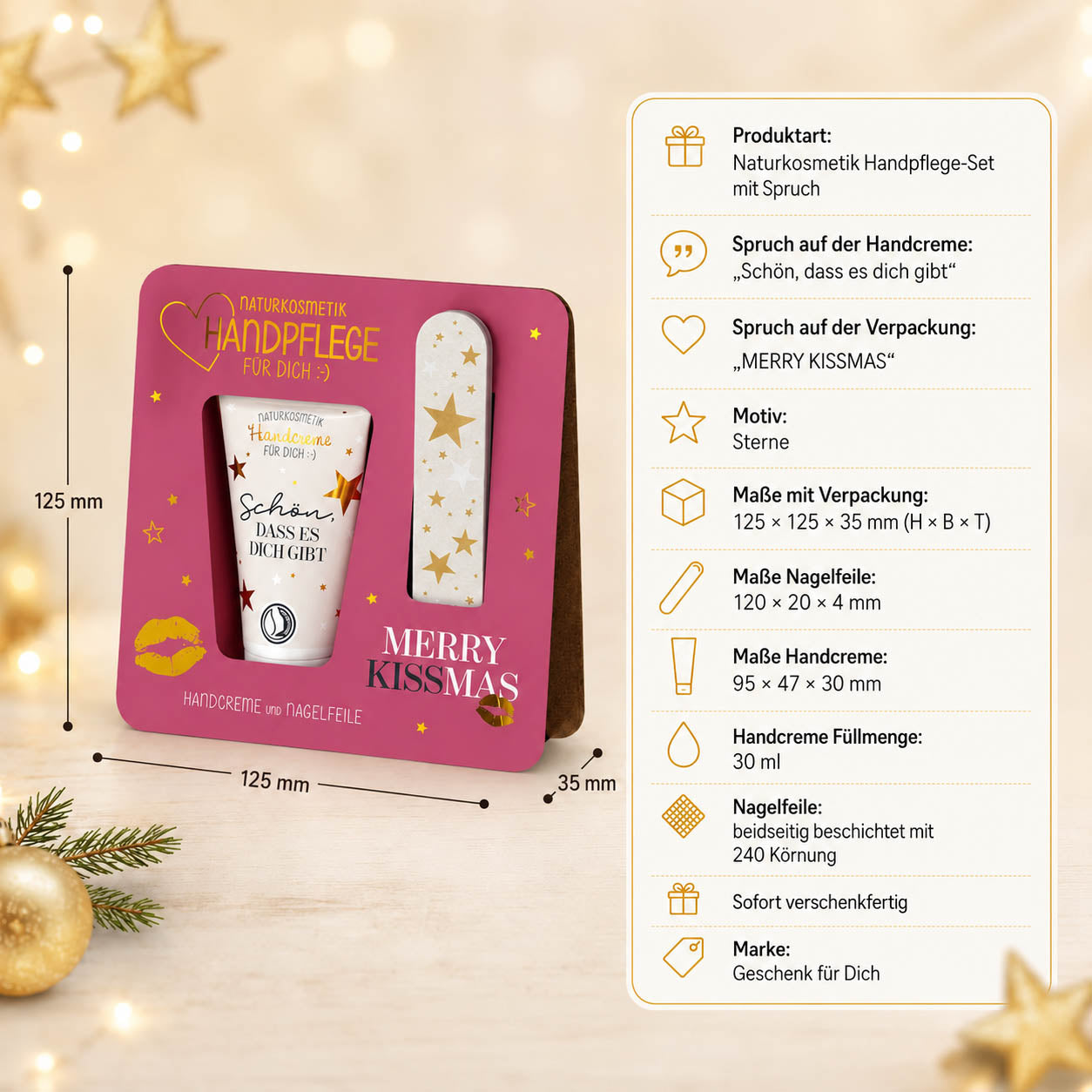 Handpflege-Set Merry Kissmas – Produkthighlights, Handcreme 30 ml + Nagelfeile 240 Körnung, Maße 125 × 125 × 35 mm, vegan