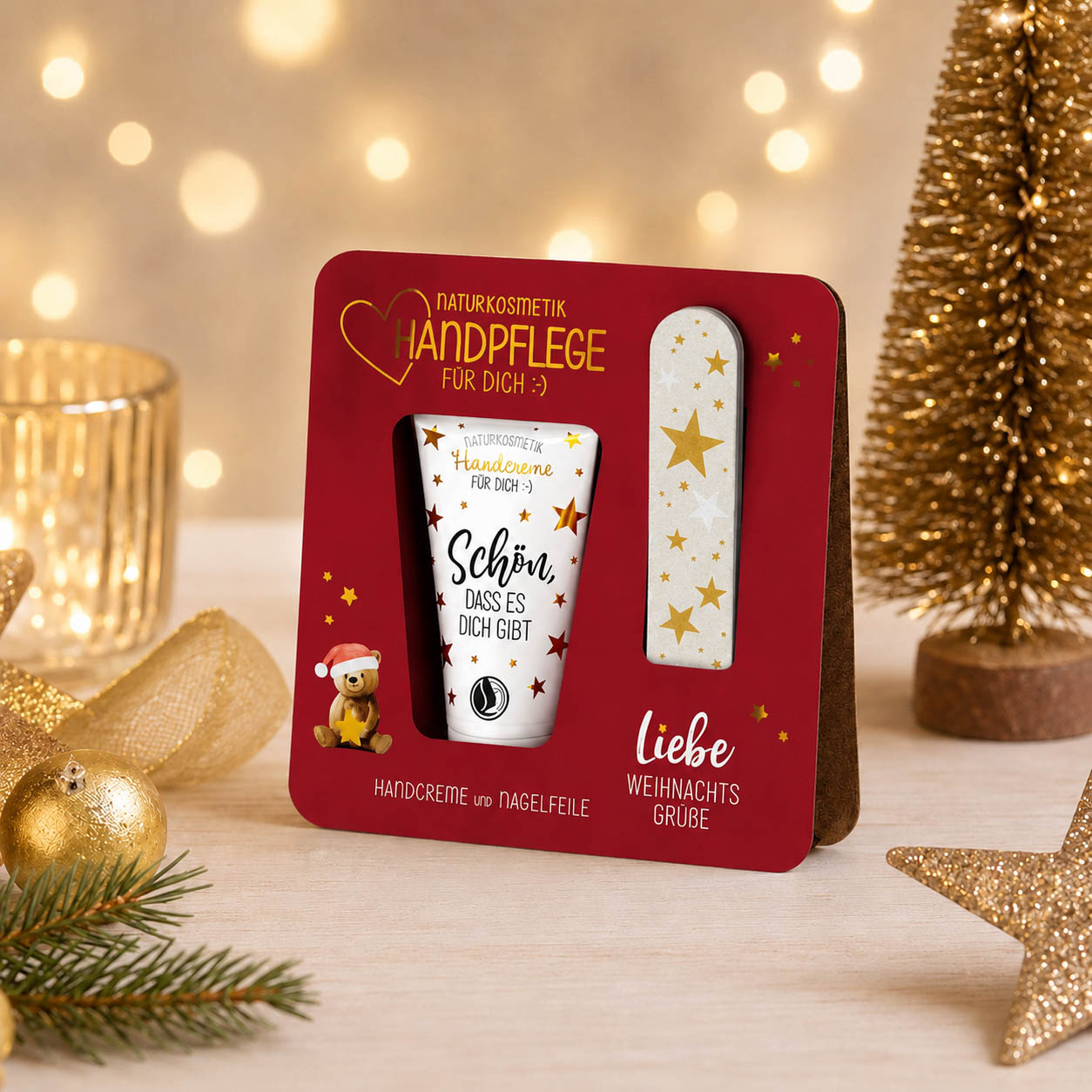 Handpflege-Set Liebe Weihnachtsgrüße Bär stimmungsvoll mit Weihnachtsdeko – Geschenk für Dich