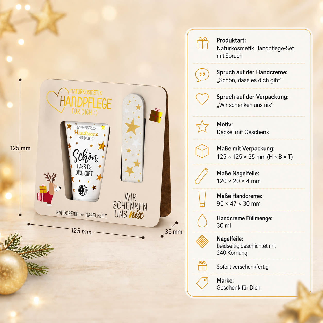 Handpflege-Set Wir schenken uns nix Dackel – Produkthighlights, Handcreme 30 ml + Nagelfeile 240 Körnung, vegan