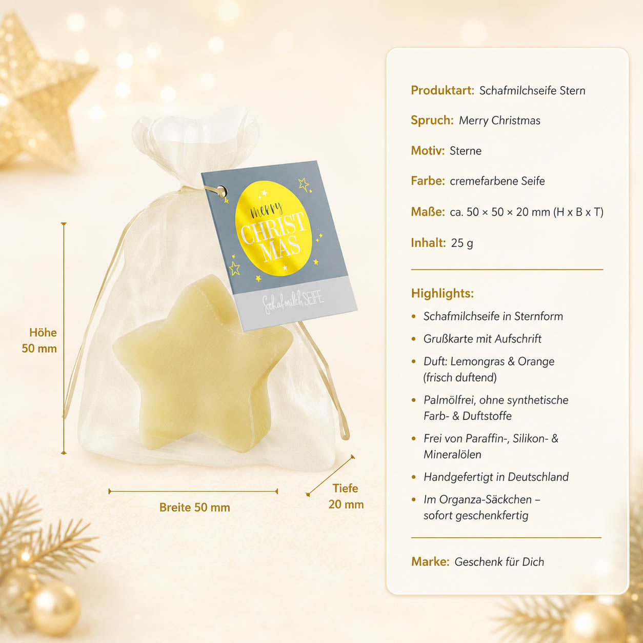 Schafmilchseife Stern »Merry Christmas« – Produkt-Highlights, Lemongras & Orange, palmölfrei