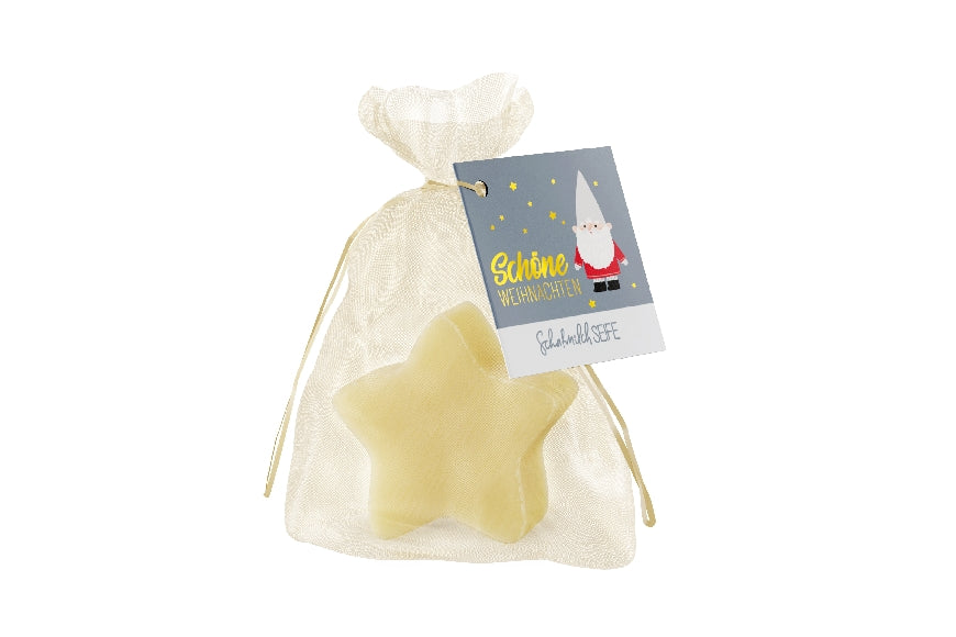 Handgemachte Schafmilchseife in Sternform von Geschenk für Dich, im Organza-Säckchen mit Grußkarte „Schöne Weihnachten“ und Weihnachts-Zwerg-Motiv
