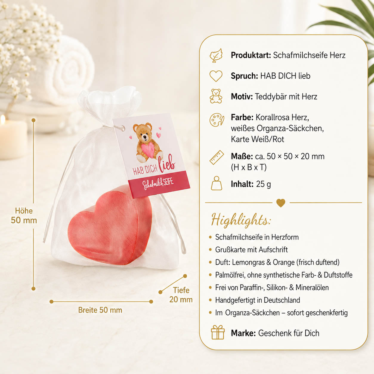 Schafmilchseife Herz »Hab dich lieb« – Produkt-Highlights, Lemongras & Orange, palmölfrei