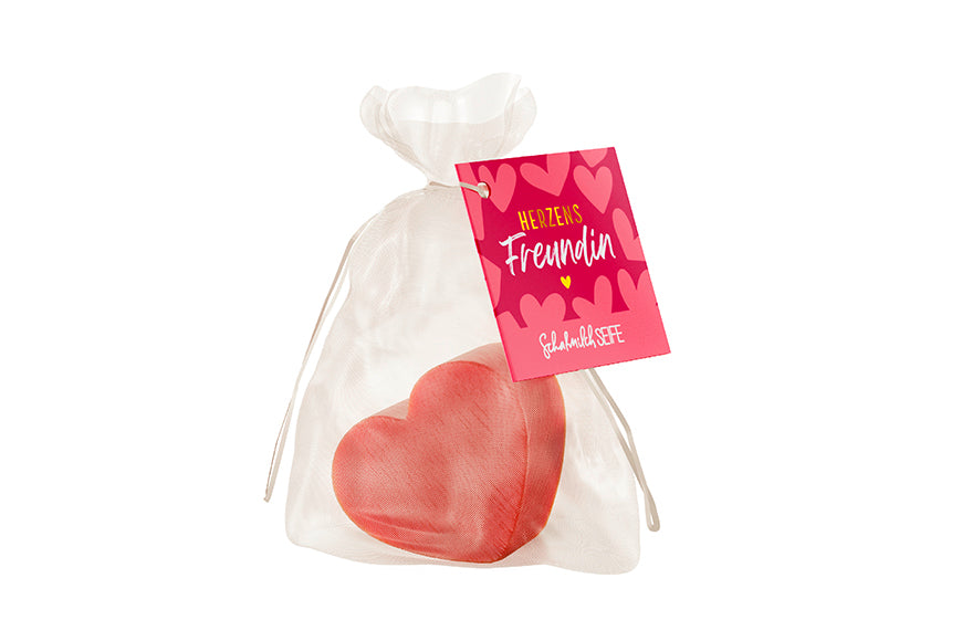 Schafmilchseife Herz »Herzens Freundin« – korallrosa Herz im Organza-Säckchen, Herzen-Karte pink/rosa