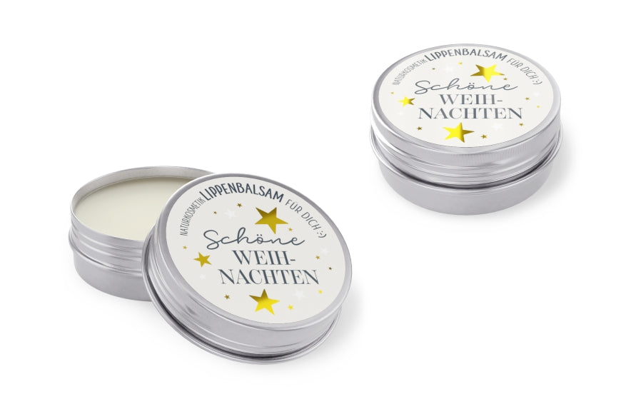 Lippenbalsam „Schöne Weihnachten“ – Naturkosmetik im weißen Metalldöschen mit goldenen Sternen