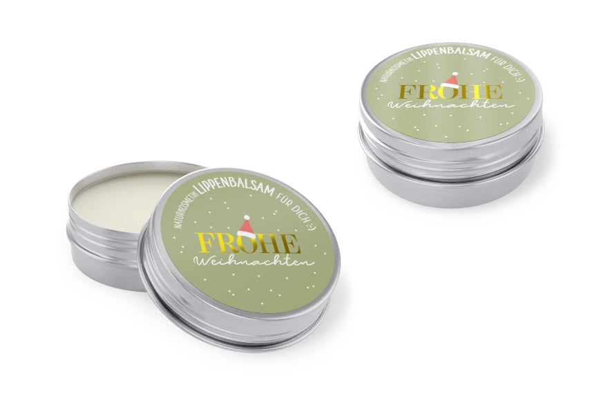 Lippenbalsam „Frohe Weihnachten“ – Naturkosmetik im grünen Metalldöschen mit Wichtelmütze