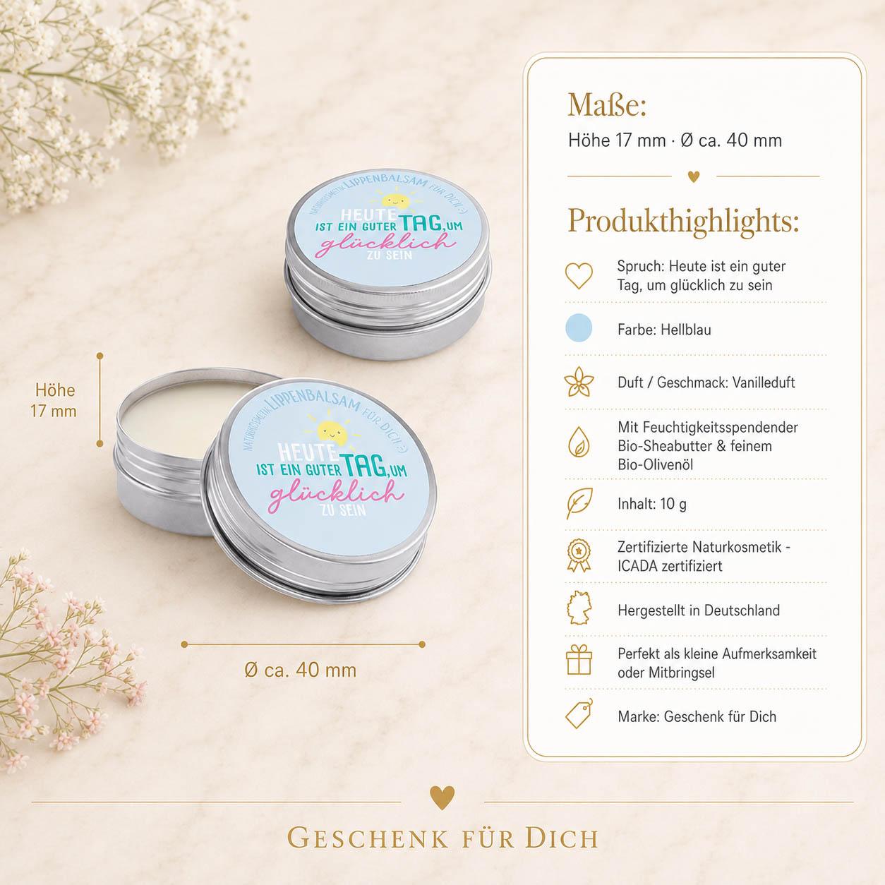 Naturkosmetik Lippenbalsam „Heute ist ein guter Tag, um glücklich zu sein“ Hellblau – Geschenk für Dich (Highlight)