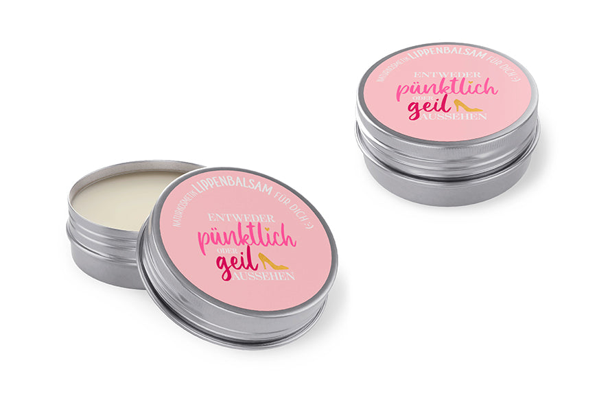 Naturkosmetik Lippenbalsam mit frechem Spruch und goldenem Pumps in Rosa Metalldose von Geschenk für Dich