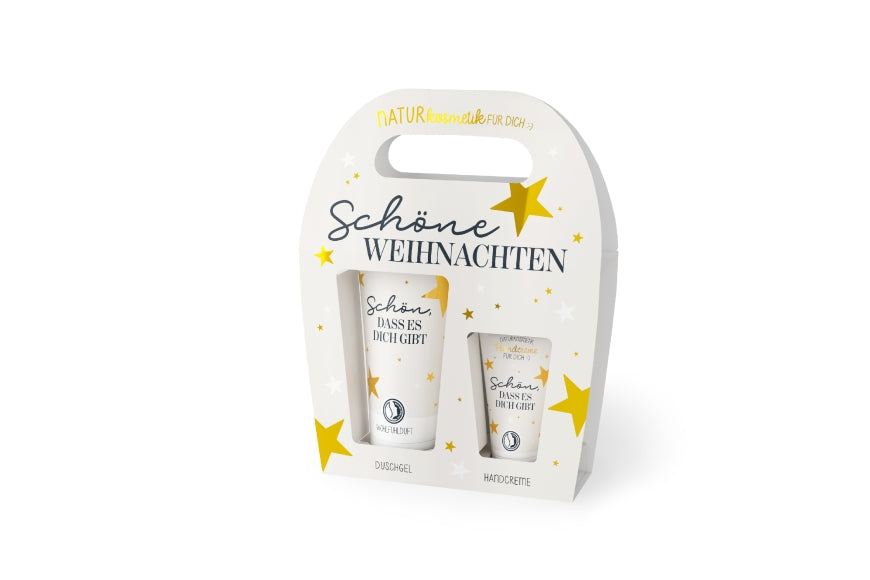 Naturkosmetik-Set „Schöne Weihnachten“ – Duschgel & Handcreme in weißer Sterne-Geschenkverpackung