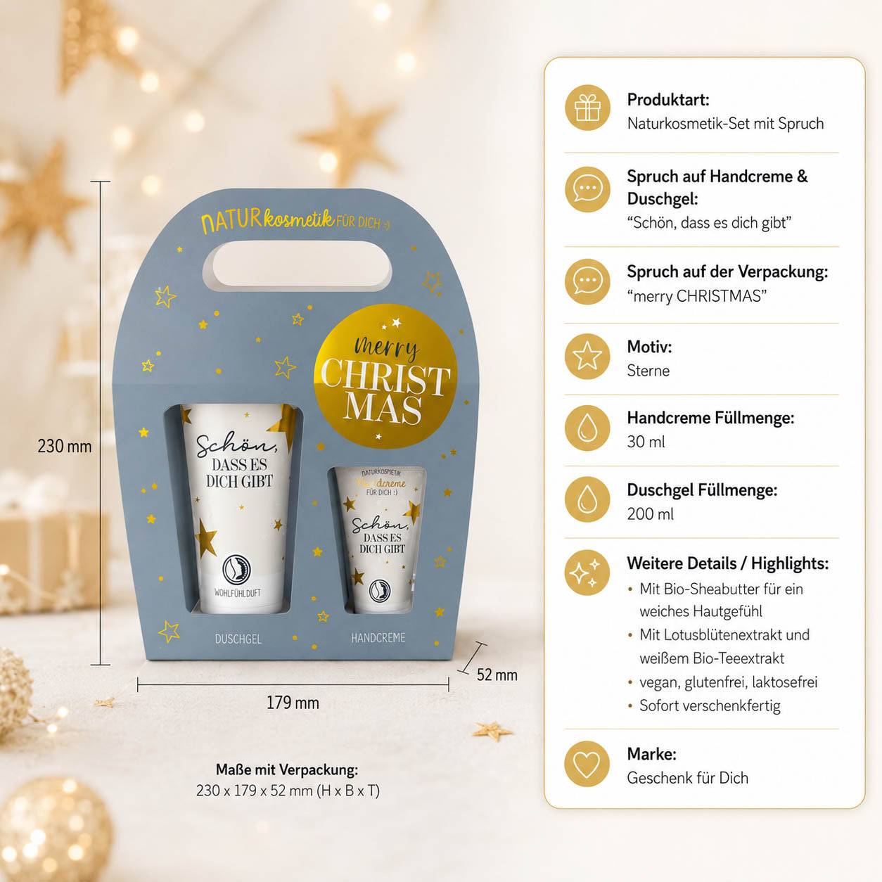 Naturkosmetik-Set „Merry Christmas“ – Highlights: Duschgel 200 ml, Handcreme 30 ml, Naturkosmetik, vegan
