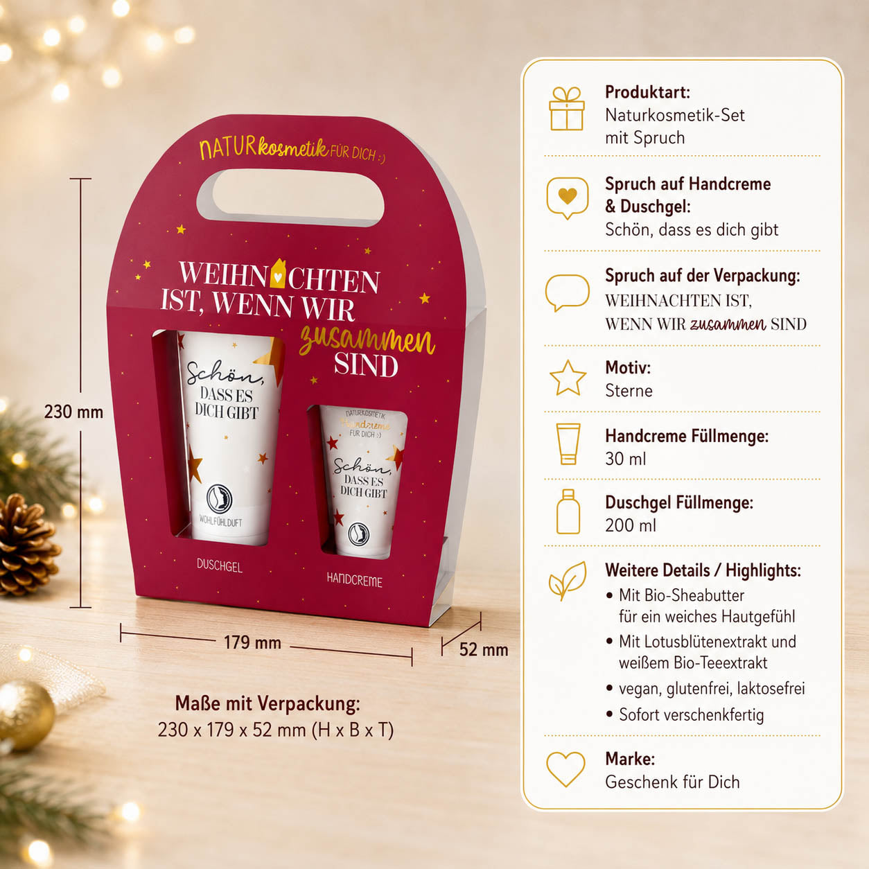 Naturkosmetik-Set „Weihnachten ist, wenn wir zusammen sind“ – Highlights: Duschgel 200 ml, Handcreme 30 ml, Naturkosmetik, vegan