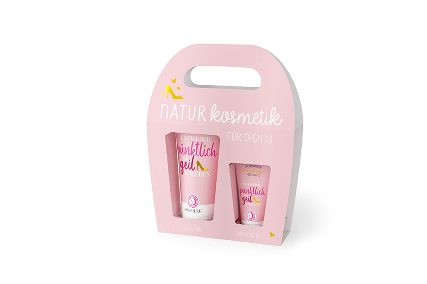 129715 Geschenk für Dich Naturkosmetik Duschgel und Handcreme mit Aufschrift Entweder pünktlich oder geil aussehen