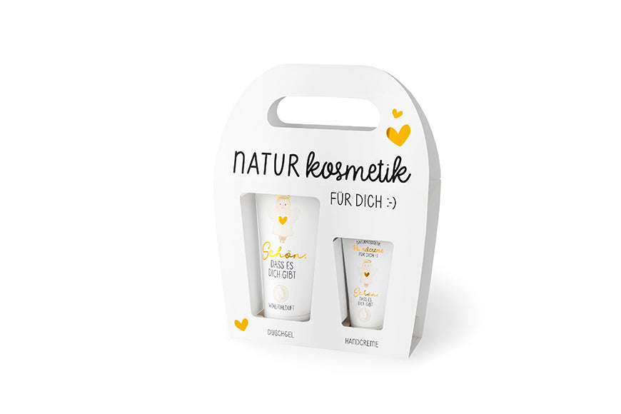 Naturkosmetikset Schön, dass es Dich gibt mit Duschgel & Handcreme von Geschenk für Dich. Mit Engel-Motiv & Herz