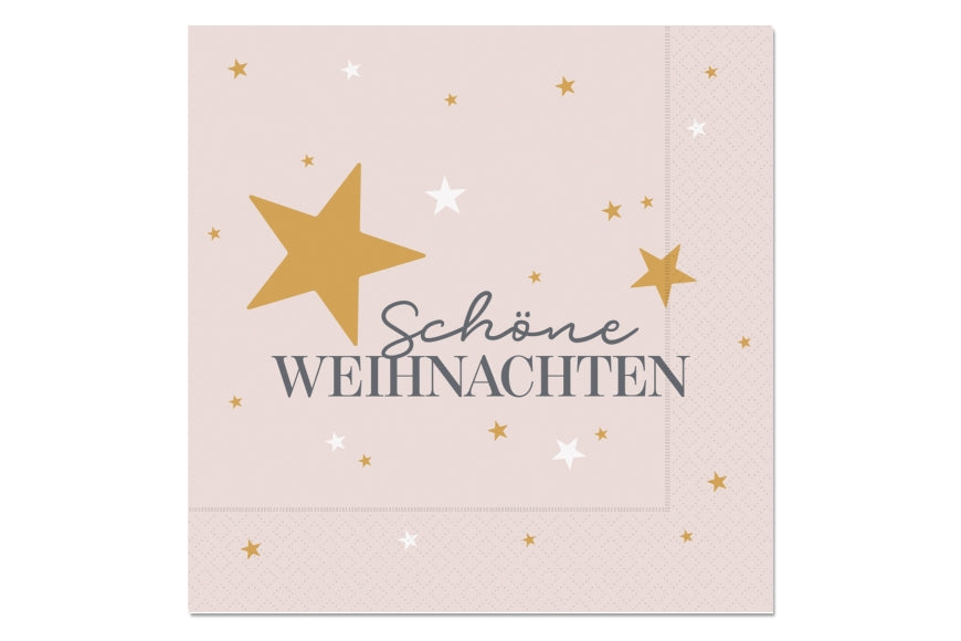Serviette mit Spruch Schöne Weihnachten in Cremeweiß mit goldenen Sternen, 33x33 cm – Geschenk für Dich