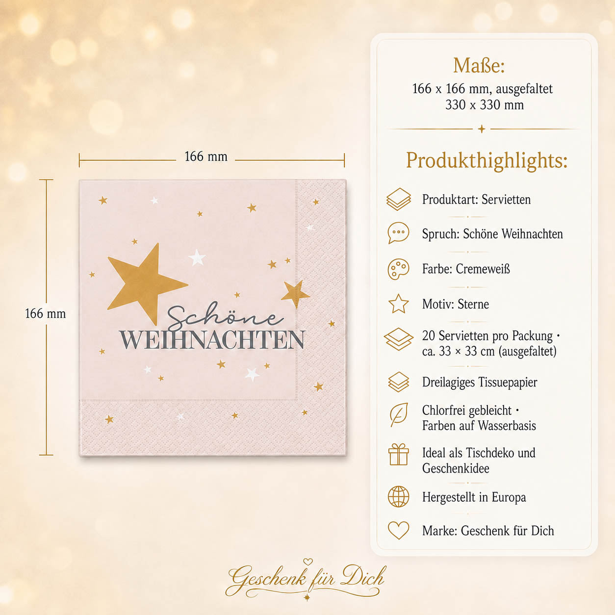 Infografik Servietten Schöne Weihnachten Cremeweiß auf festlich gedecktem Weihnachtstisch – Geschenk für Dich