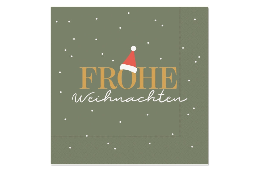 Serviette mit Spruch Frohe Weihnachten in Salbeigrün mit Weihnachtsmütze und Schneepunkten, 33x33 cm – Geschenk für Dich