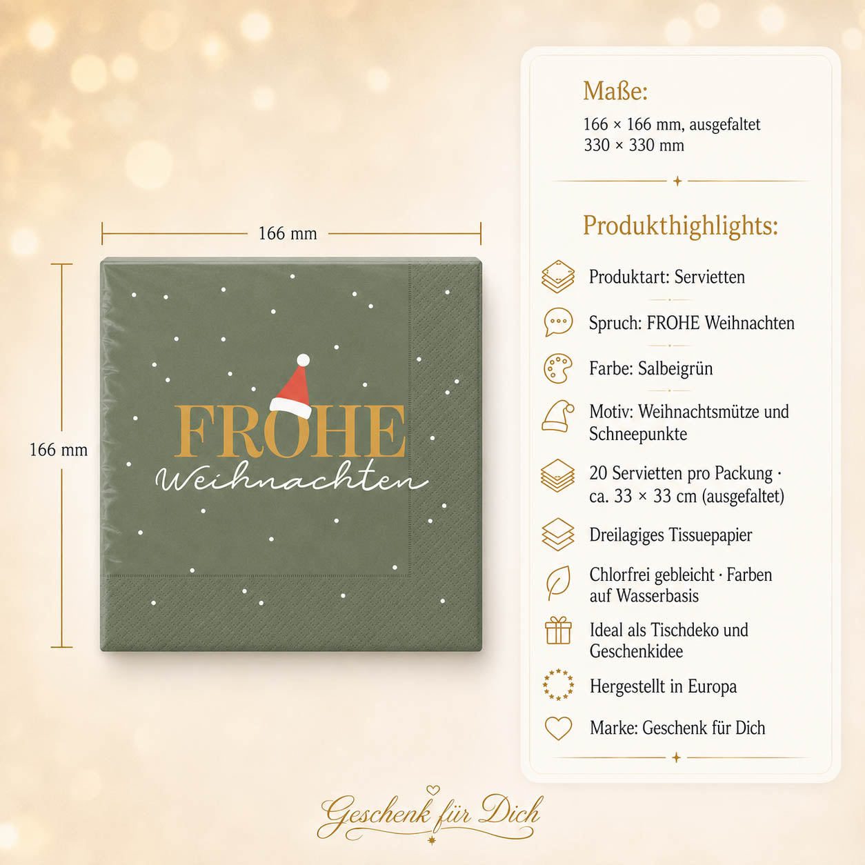 Servietten Frohe Weihnachten – Maße und Produkthighlights, 20 Stück, 33x33 cm, 3-lagig