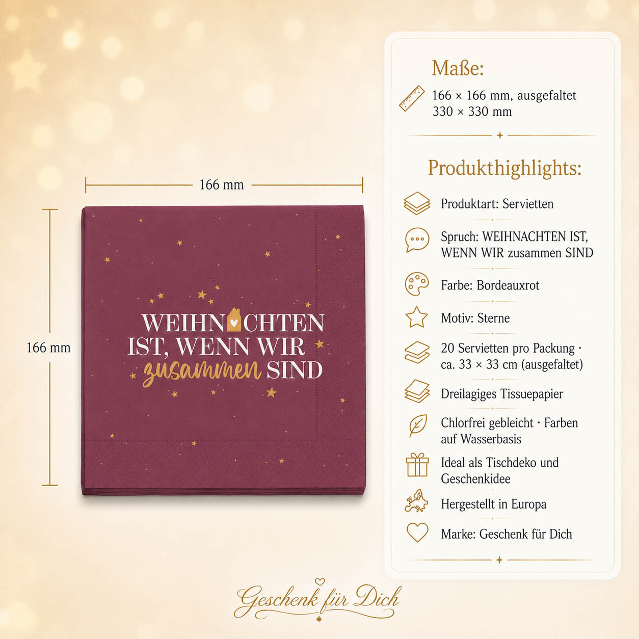 Servietten Weihnachten ist wenn wir zusammen sind – Maße und Produkthighlights, 20 Stück, 33x33 cm, 3-lagig