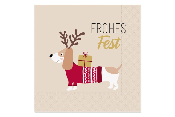Servietten mit Aufschrift Frohes Fest und süßem Weihnachts-Dackel Motiv von Geschenk für Dich