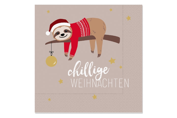 Witzige Weihnachts-Servietten mit Aufschrift Chillige Weihnachten und süßem weihnachtlichen-Faultier Motiv von Geschenk für Dich