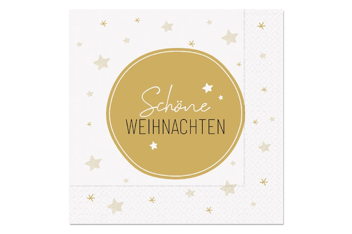 weiß goldene Servietten mit Aufschrift Schöne Weihnachten und Sterne als Motiv von Geschenk für Dich