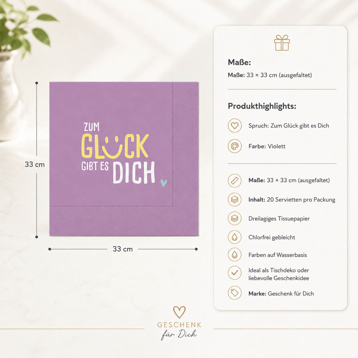 Servietten Zum Glück gibt es Dich – Produktdetails & Maße