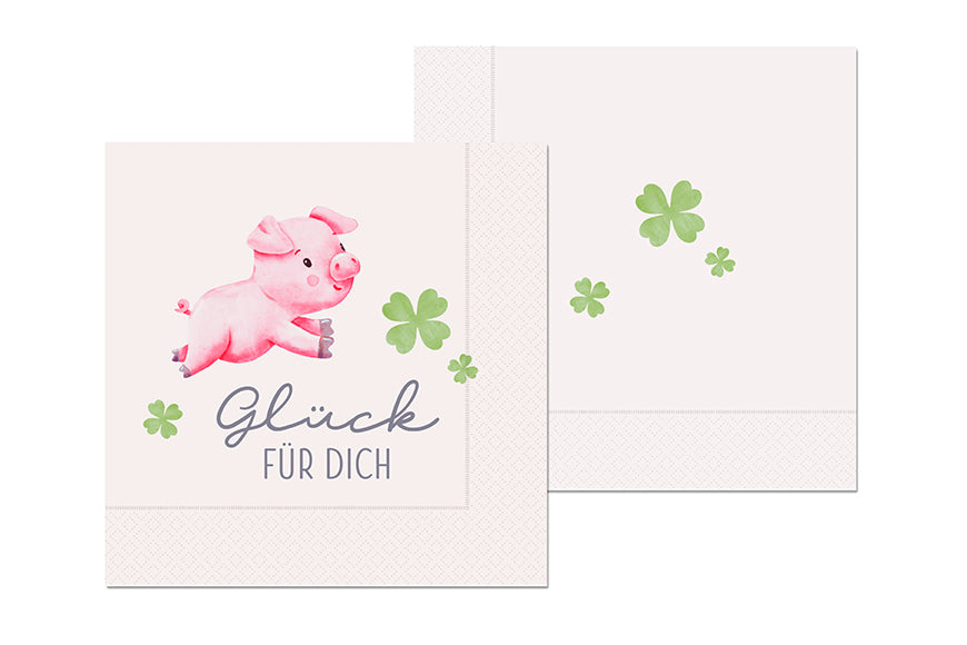 Servietten „Glück für Dich“ von Geschenk für Dich – dreilagige Servietten mit Glücksschweinchen & Kleeblattmotiv