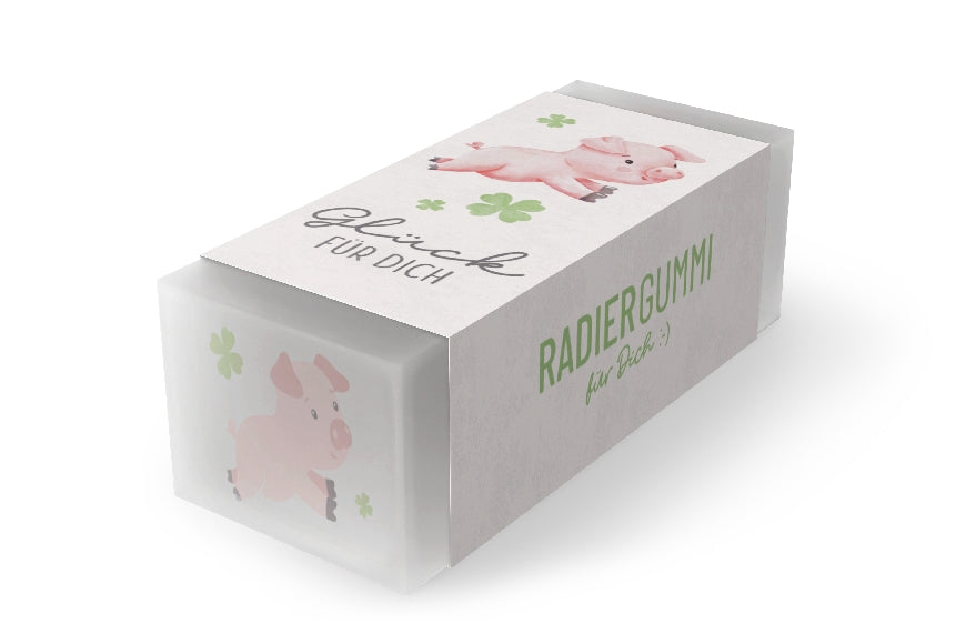 Radiergummi „Glück für Dich“ von Geschenk für Dich – fröhlicher Radierer mit Glücksschweinchen & Kleeblattmotiv.