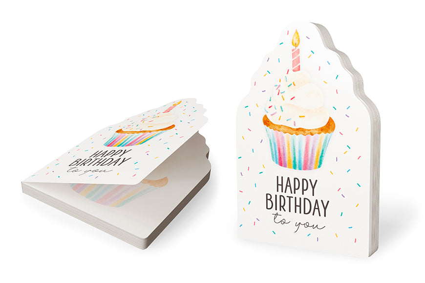 Notizblock Törtchen „Happy Birthday to you“ von Geschenk für Dich – weißer Notizblock in Törtchenform mit Törtchen-, Kerzen- & Konfetti-Motiv.