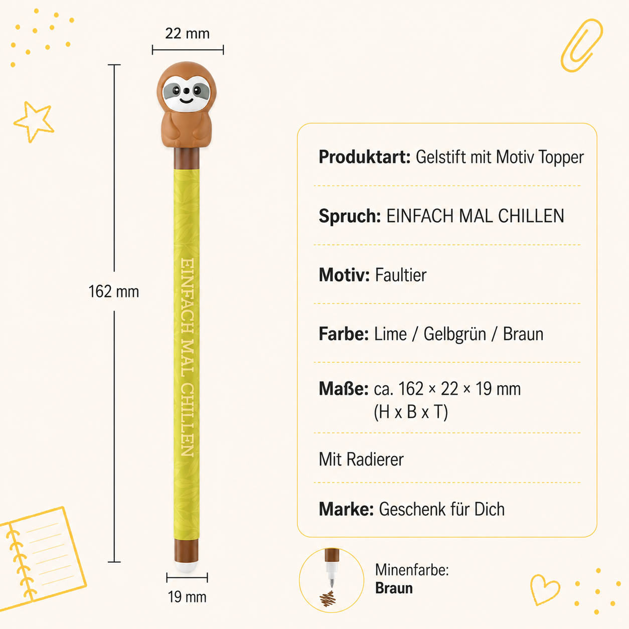 Gelstift Faultier »Einfach mal chillen« – Produkt-Highlights, radierbar